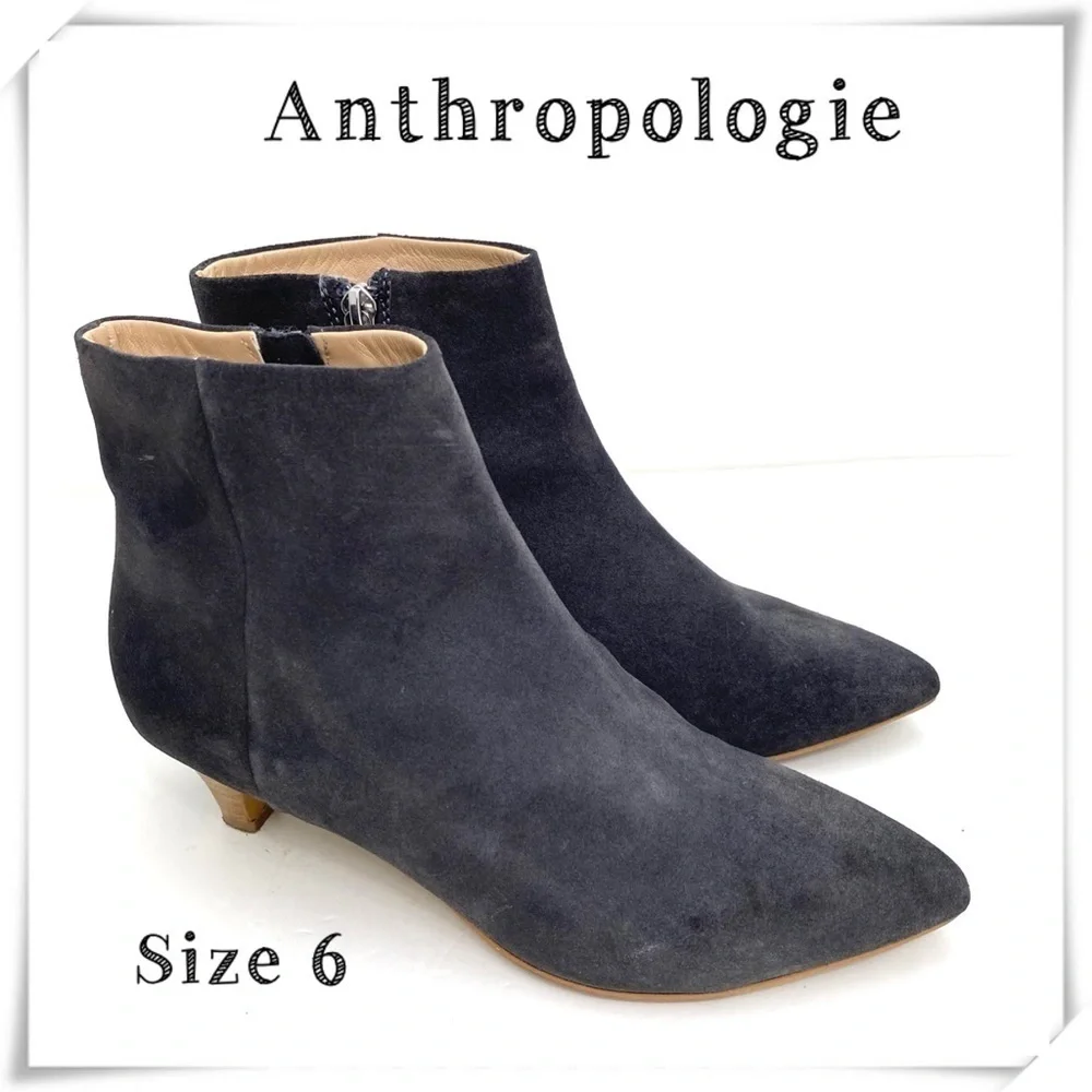 ANTHROPOLOGIE Suede Pointed Toe Ankle Low Heel Boot in Charcoal Gray Size 6